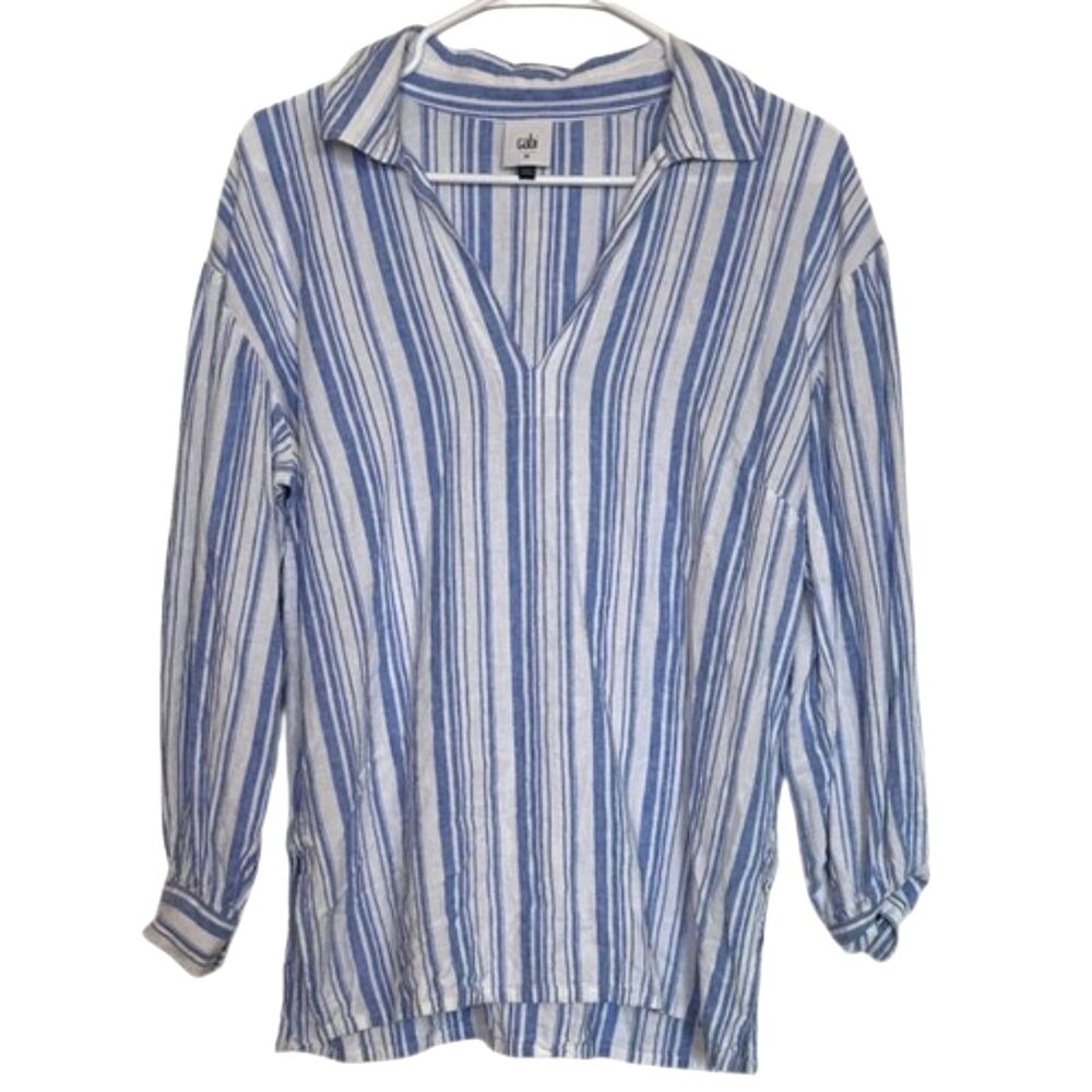 Cabi Linen Tunic Blouse Top Womens Medium Striped Collar Boho Beach Coastal Blue